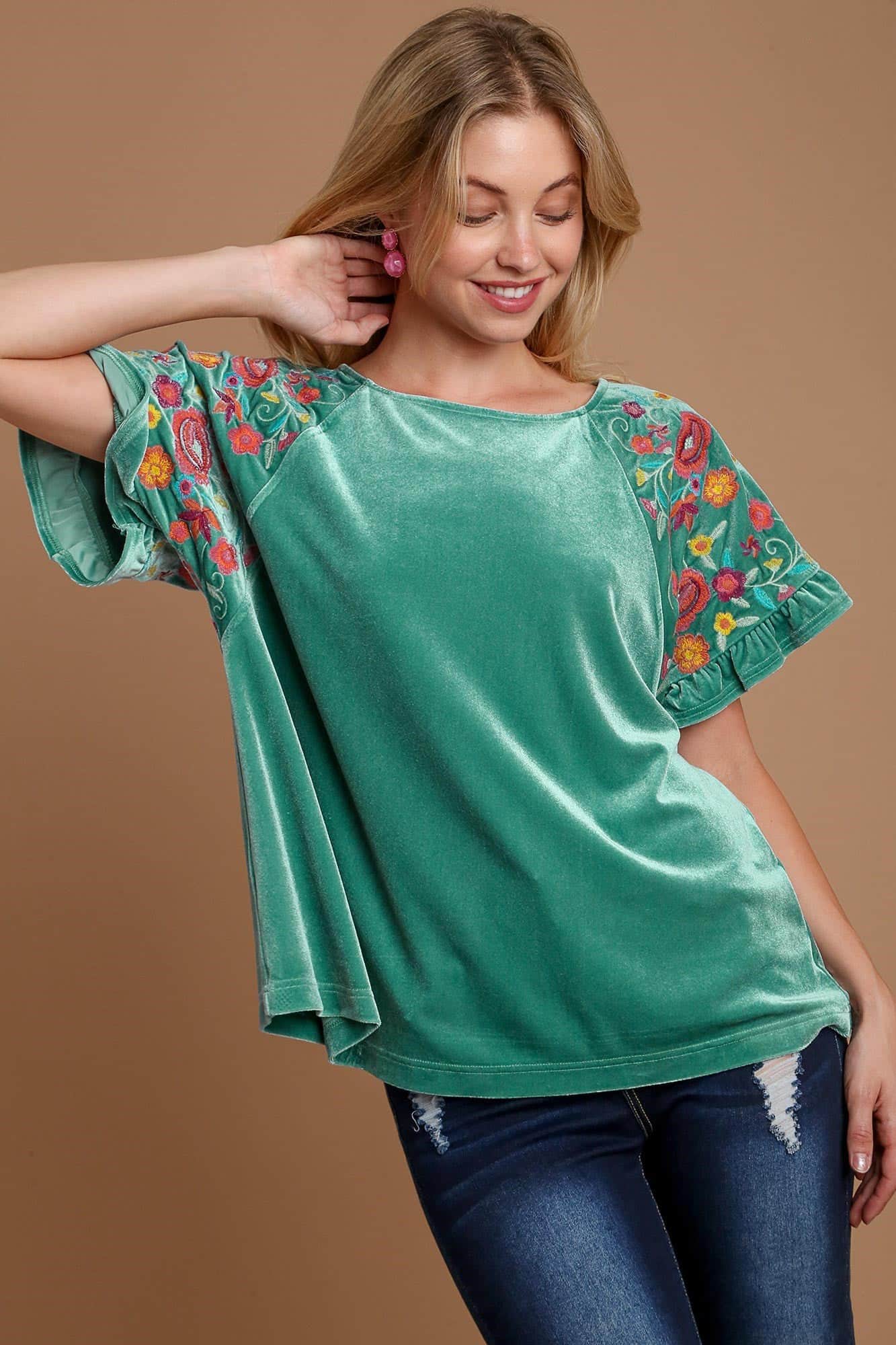 Umgee Velvet Embroidery Short Sleeve Blouse Turquoise / S