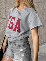 USA Lettering Patch Notched Neck T-Shirt