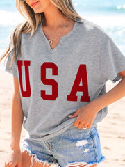 USA Lettering Patch Notched Neck T-Shirt Gray / S