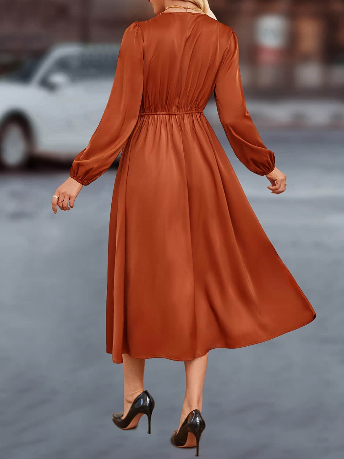 V-Neck Balloon Sleeve Midi Dress