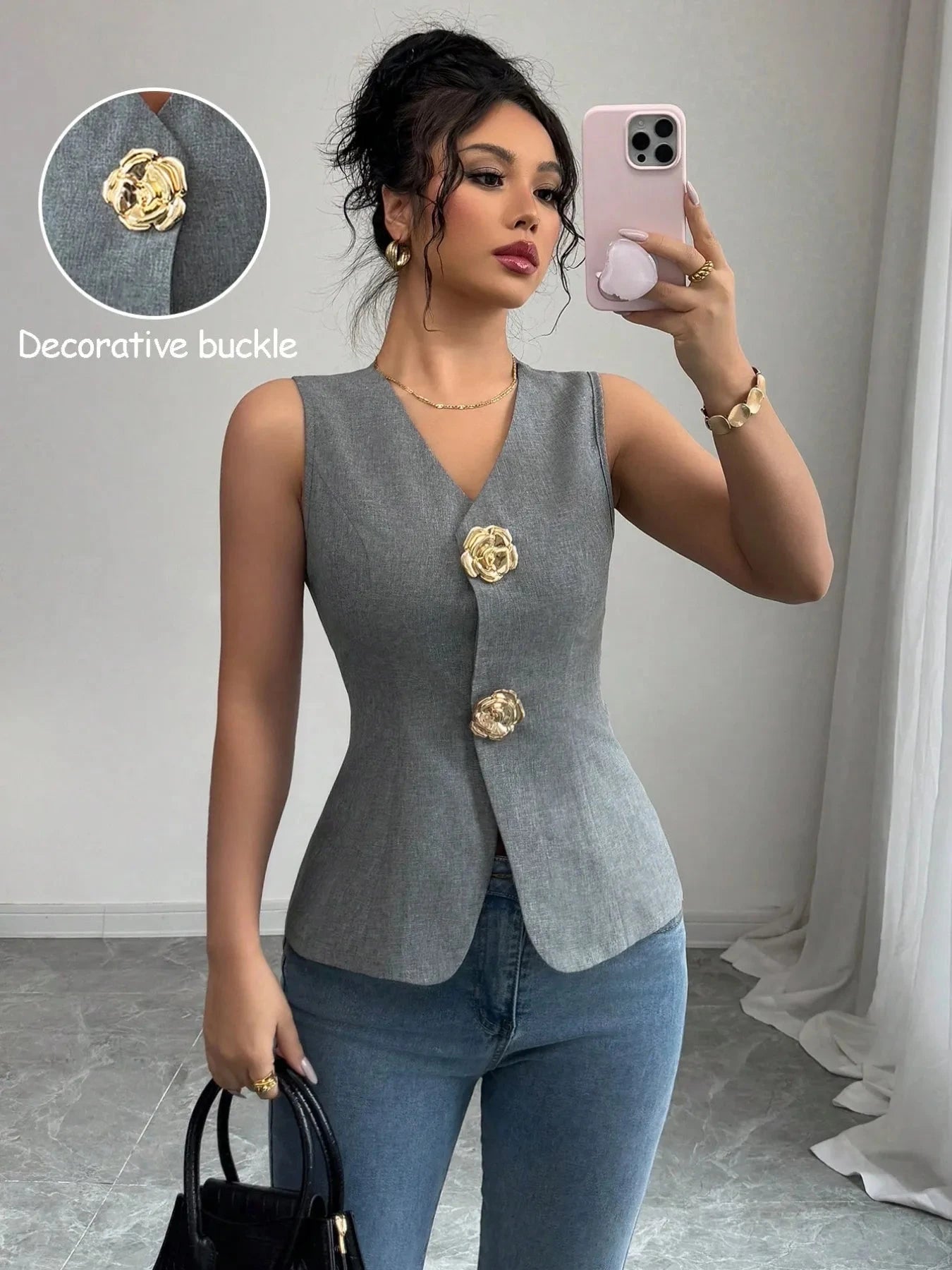 V-Neck Button Detail Tank Top