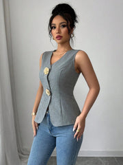 V-Neck Button Detail Tank Top
