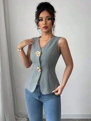 V-Neck Button Detail Tank Top