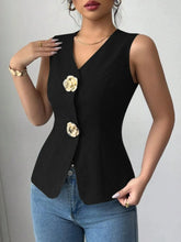 V-Neck Button Detail Tank Top Black / S