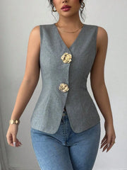 V-Neck Button Detail Tank Top Dark Gray / S