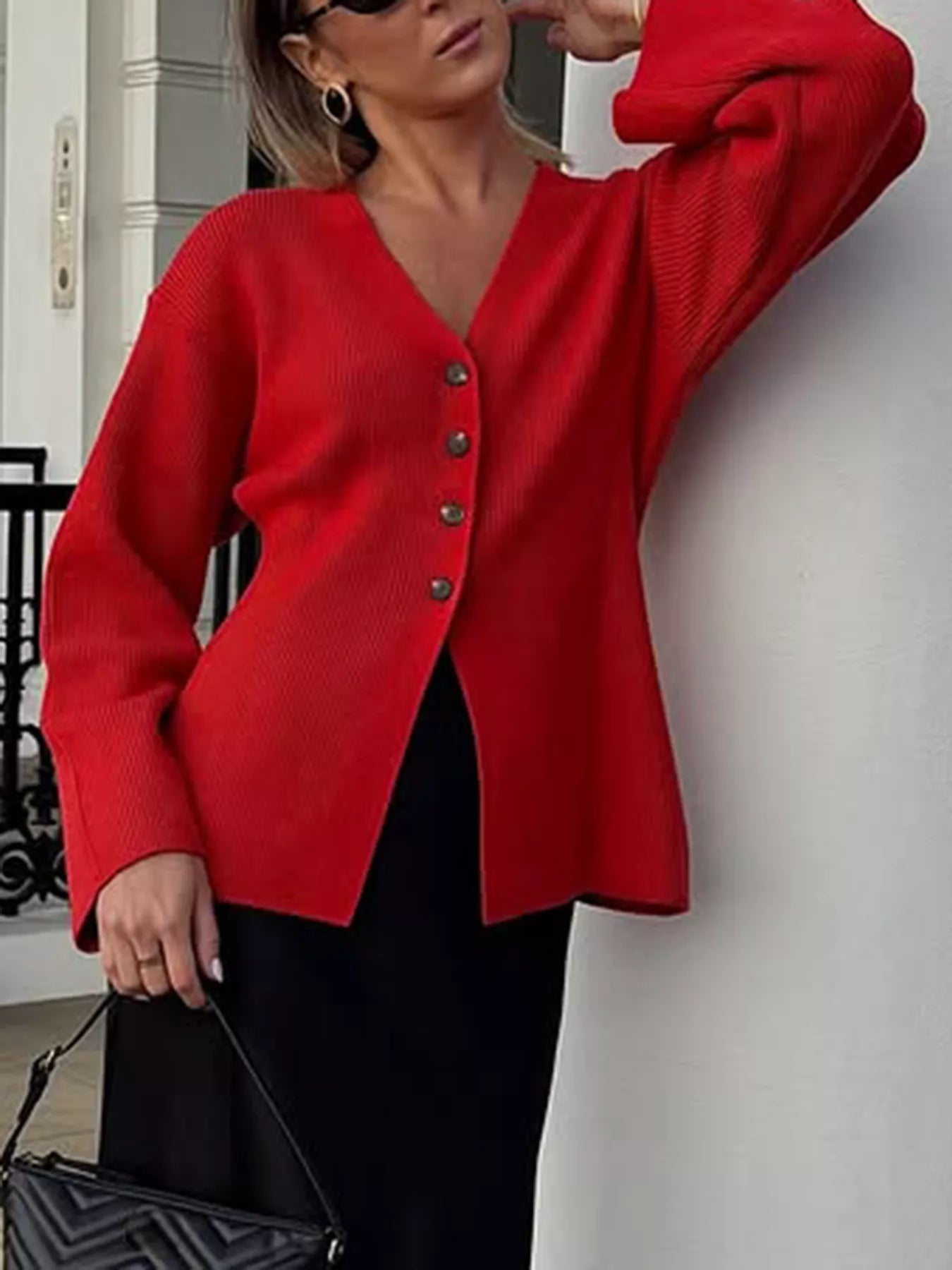 V-Neck Button-Down Knit Cardigan Red / S