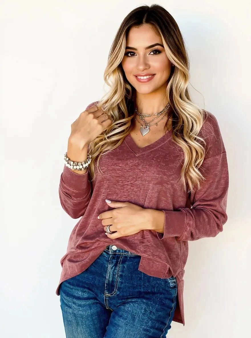 V-Neck Casual Long Sleeve T-Shirt Dusty Pink / S