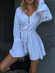 V-Neck Flounce Sleeve Romper White / S