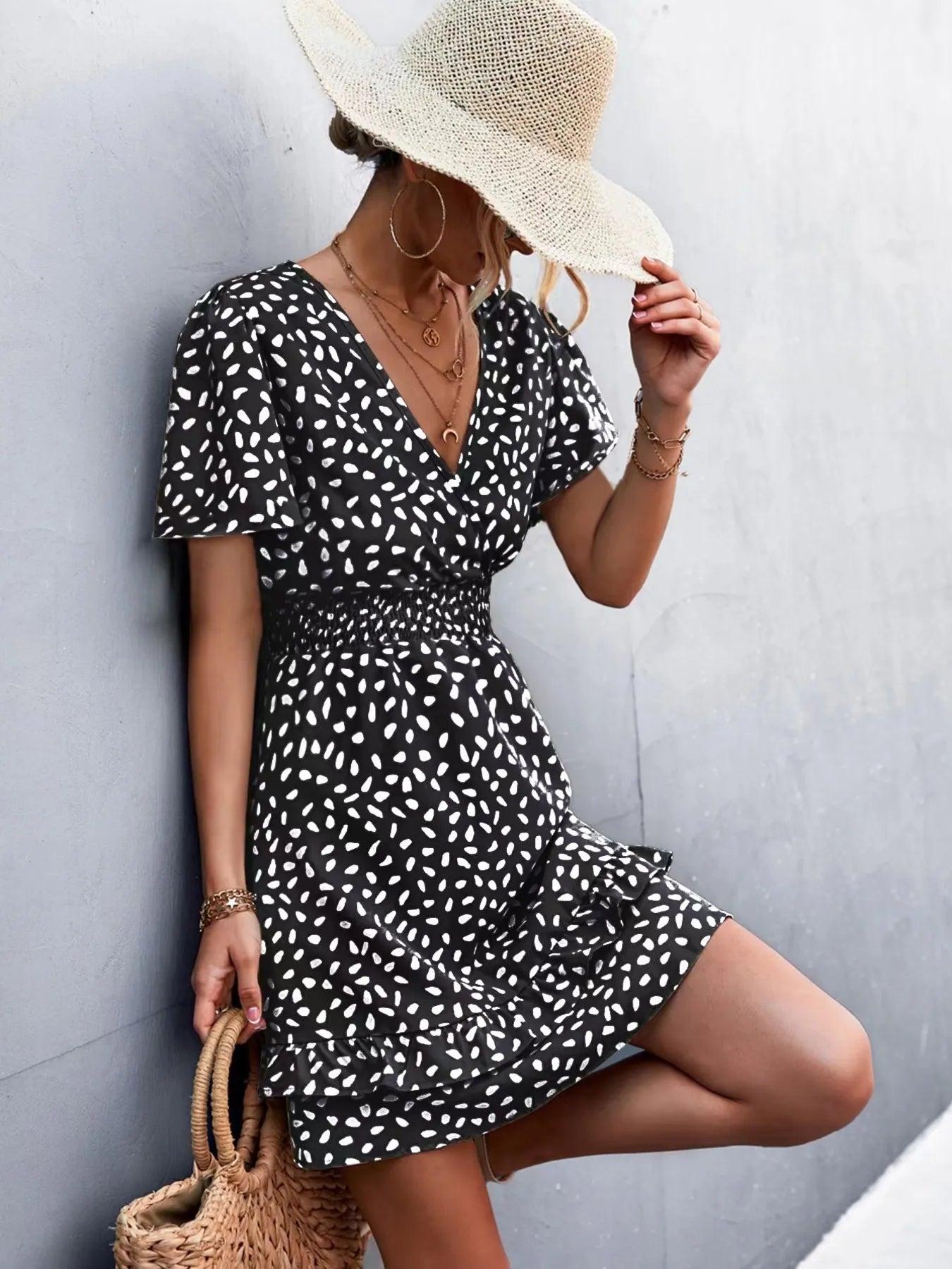 V-Neck Flutter Sleeve Mini Dress Black / S
