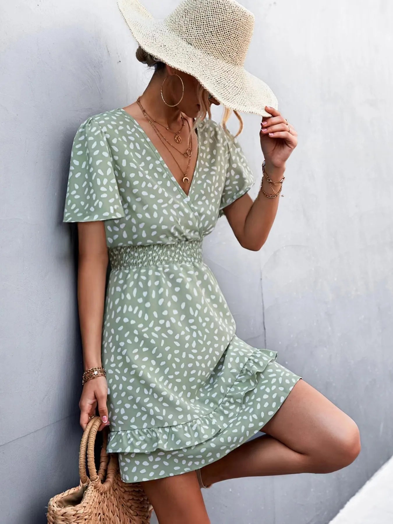 V-Neck Flutter Sleeve Mini Dress Turquoise / S