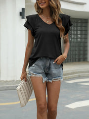 V-Neck Layered Ruffled Sleeve Blouse Black / S