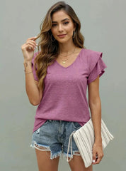 V-Neck Layered Ruffled Sleeve Blouse Burgundy / S