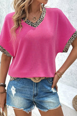 V-Neck Leopard Trim Ribbed Blouse