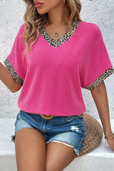 V-Neck Leopard Trim Ribbed Blouse