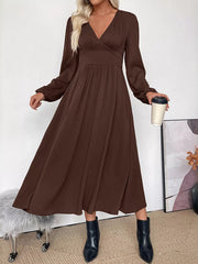 V-Neck Long Sleeve A-Line Midi Dress Brown / S