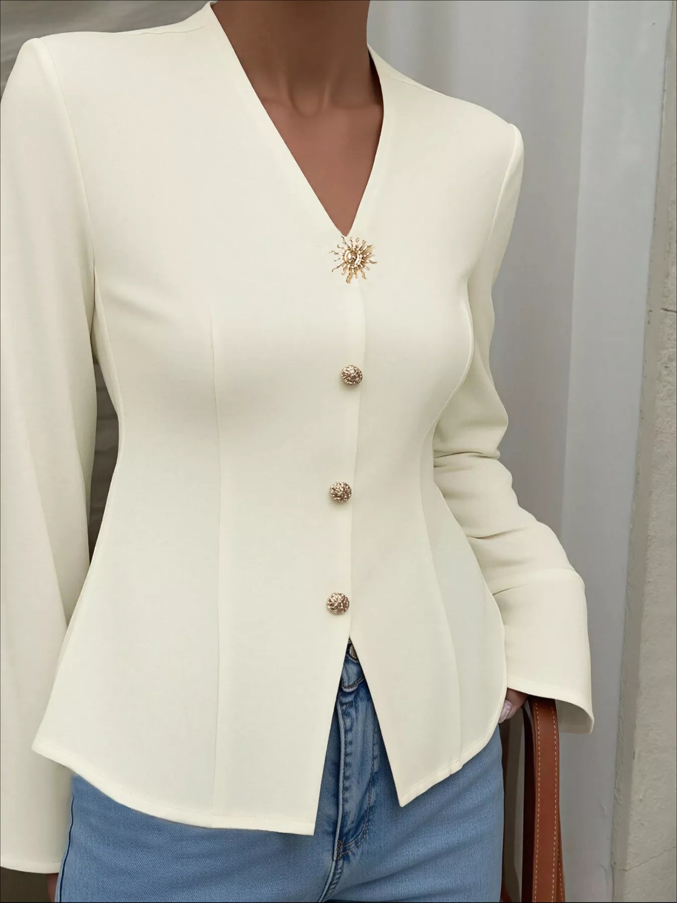 V-Neck Long Sleeve Fitted Blouse