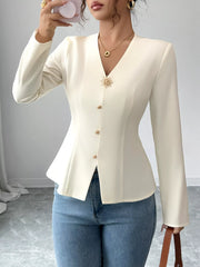 V-Neck Long Sleeve Fitted Blouse