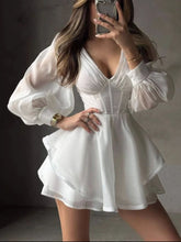V-Neck Long Sleeve Layered Dress White / S