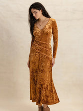 V-Neck Long Sleeve Midi Dress Gold / S