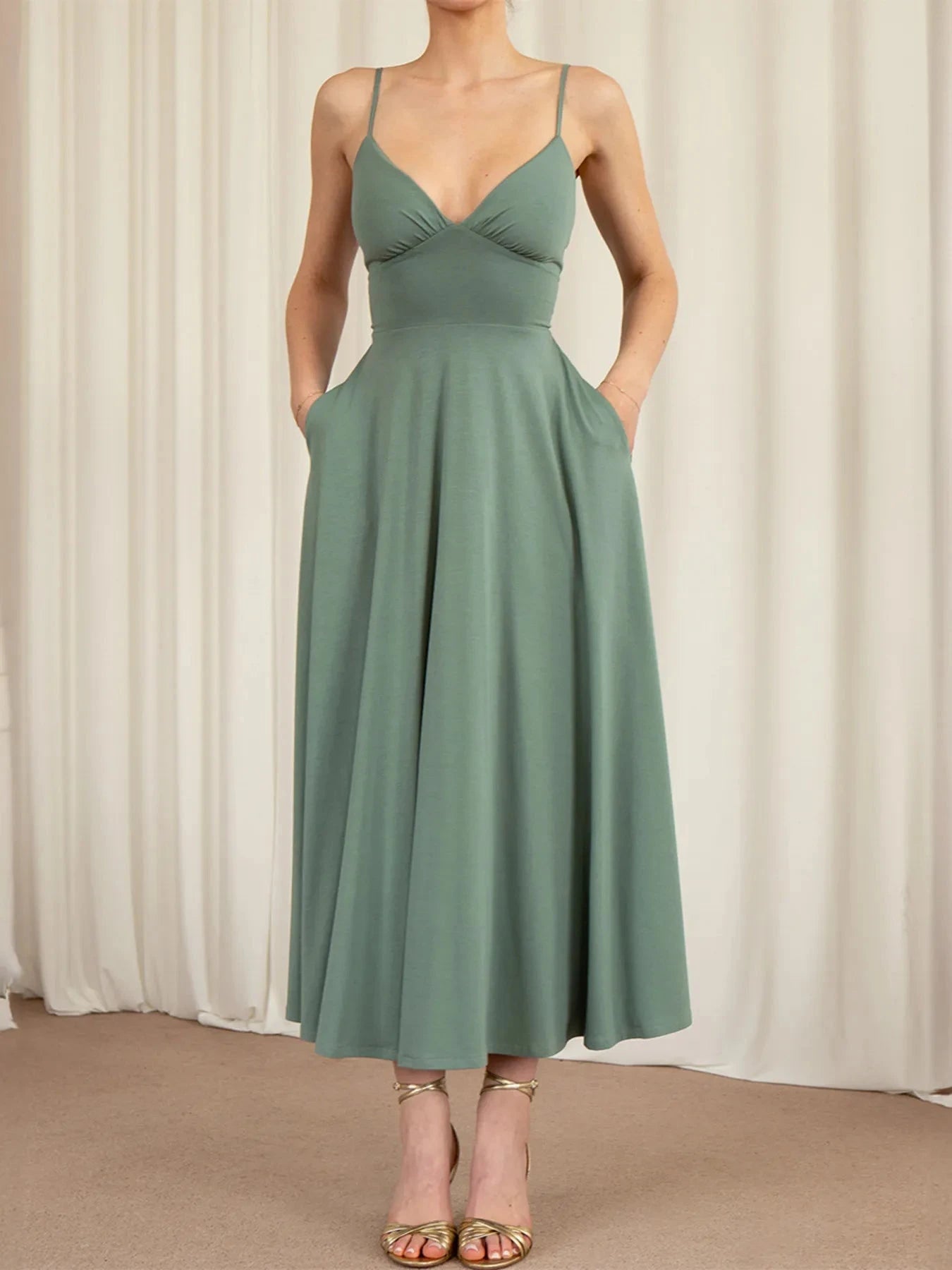 V-Neck Midi Cami Dress with Pockets