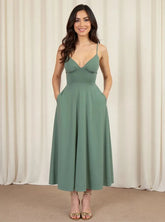 V-Neck Midi Cami Dress with Pockets Green / S