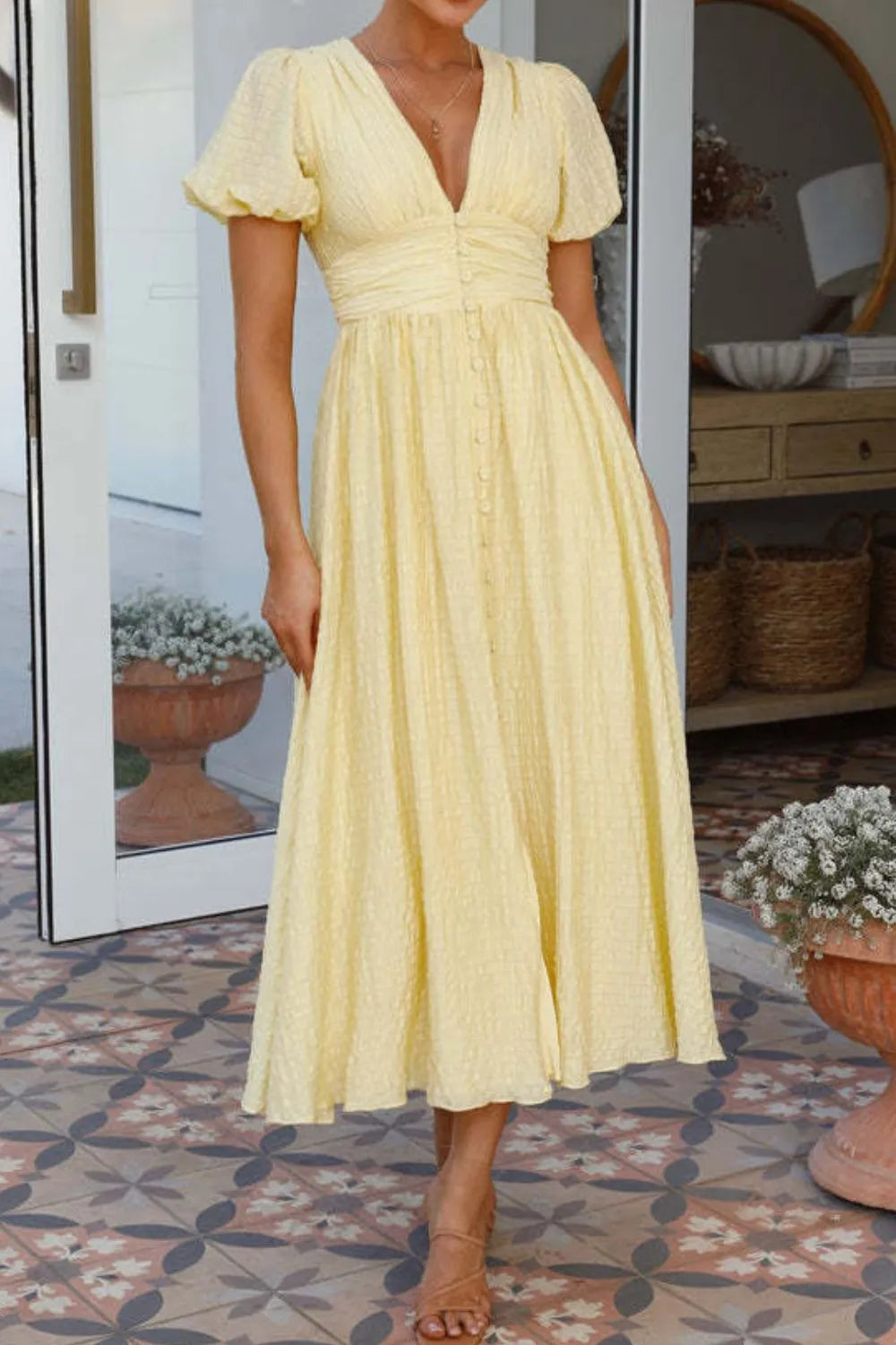 V-Neck Puff Short Sleeve Midi Dress Pastel Yellow / S