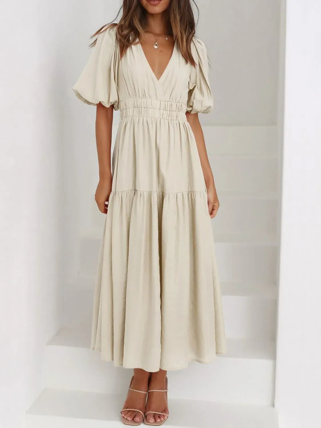 V-Neck Puff Sleeve Midi Dress Beige / XL