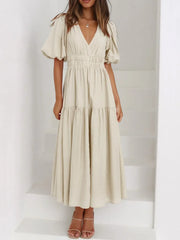 V-Neck Puff Sleeve Midi Dress Beige / XL