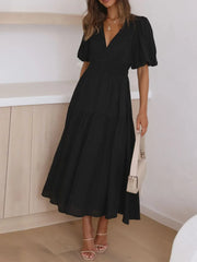 V-Neck Puff Sleeve Midi Dress Black / M