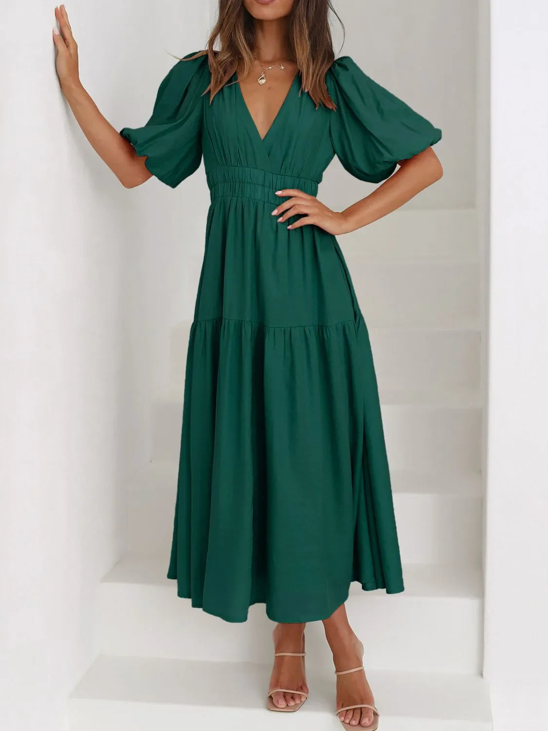 V-Neck Puff Sleeve Midi Dress Dark Green / M
