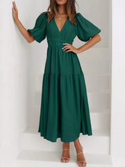 V-Neck Puff Sleeve Midi Dress Dark Green / M