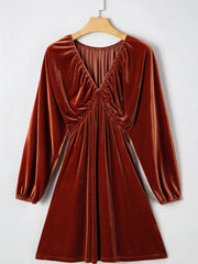 V Neck Puff Sleeve Velvet Dress