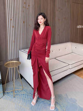 V-Neck Ruched Split Long Sleeve Evening Gown