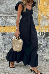 V Neck Ruffled Cap Sleeve Smocked Maxi Dress Black / S