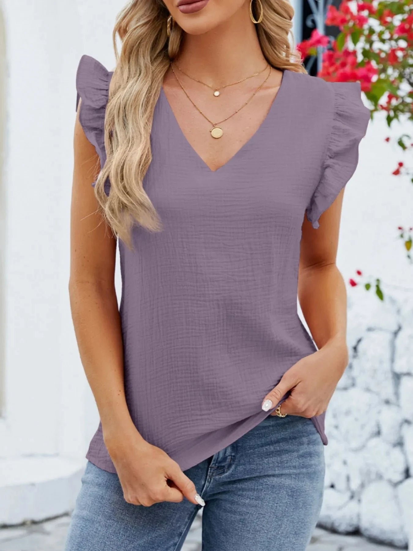 V-Neck Ruffled Sleeve Top