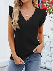 V-Neck Ruffled Sleeve Top Black / S