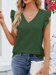 V-Neck Ruffled Sleeve Top Green / S