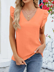 V-Neck Ruffled Sleeve Top Orange Red / S