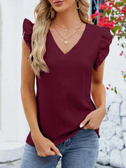 V-Neck Ruffled Sleeve Top Wine Red / S