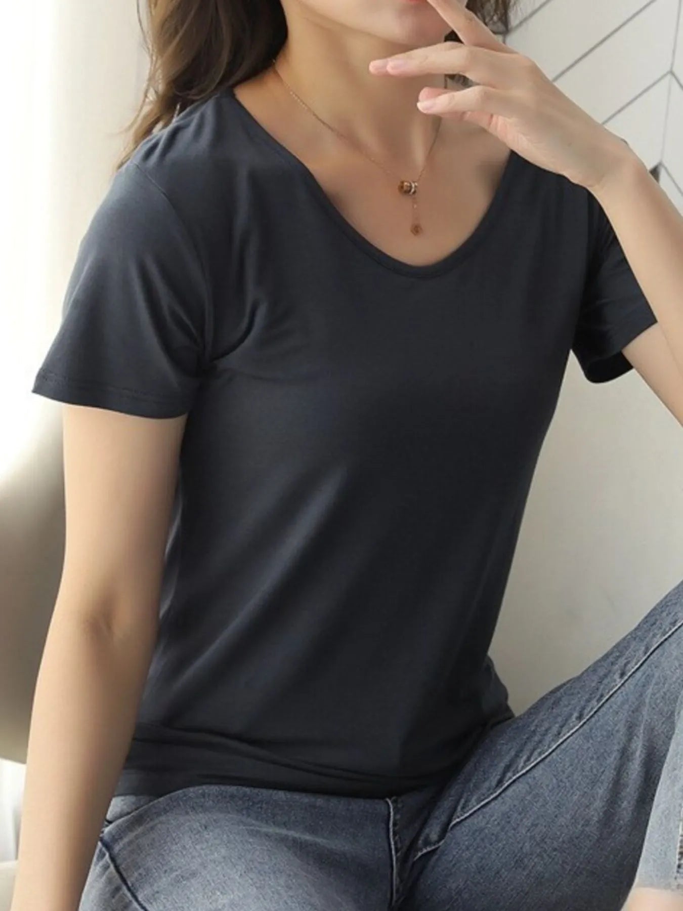 V-Neck Short Sleeve T-Shirt Dark Gray / M
