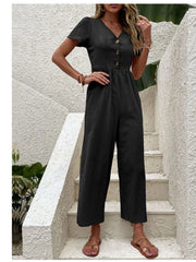 V-Neck Short Sleeve Wide Leg Jumpsuit