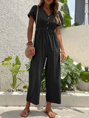 V-Neck Short Sleeve Wide Leg Jumpsuit