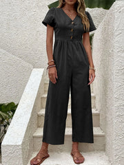 V-Neck Short Sleeve Wide Leg Jumpsuit
