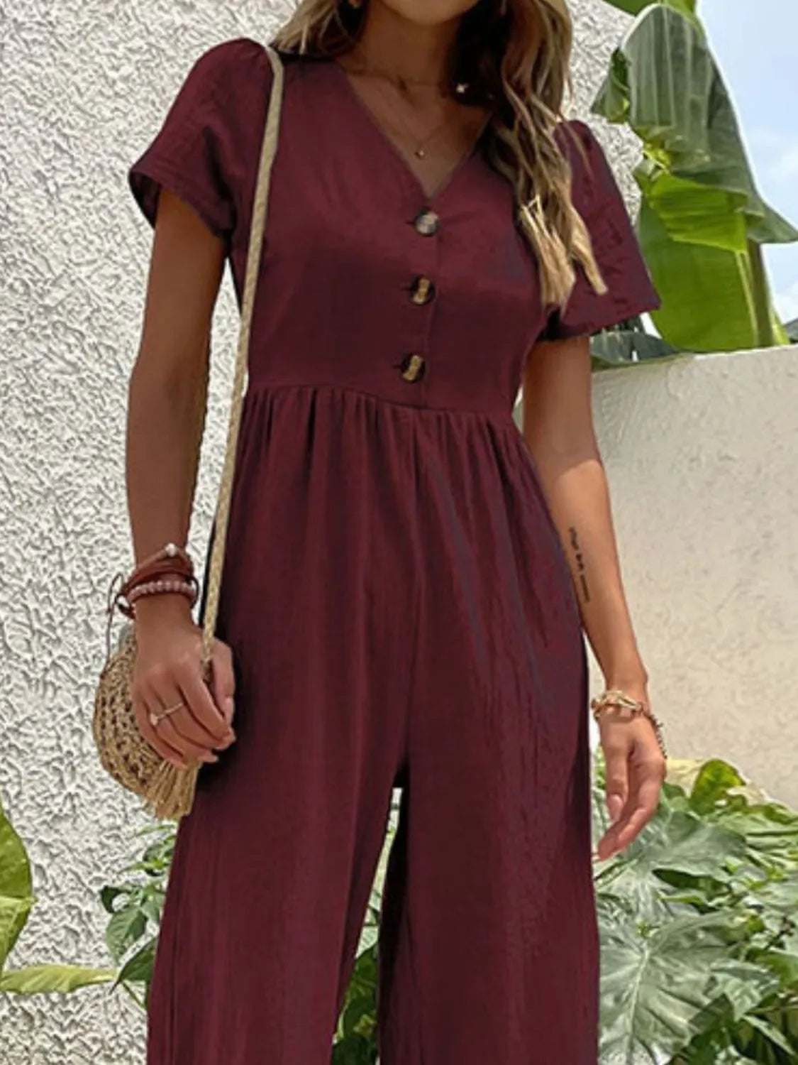 V-Neck Short Sleeve Wide Leg Jumpsuit