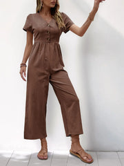 V-Neck Short Sleeve Wide Leg Jumpsuit