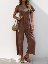 V-Neck Short Sleeve Wide Leg Jumpsuit Brown / S