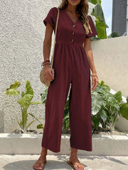 V-Neck Short Sleeve Wide Leg Jumpsuit Burgundy / S
