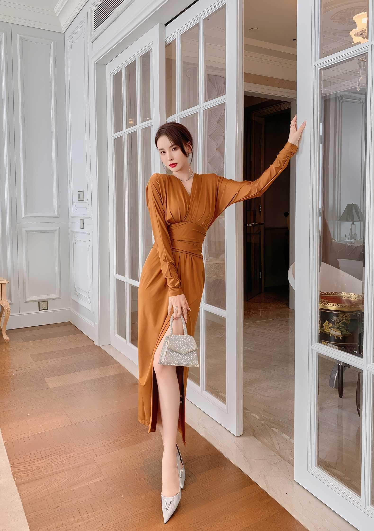 V-Neck Side Slit Empire Waist Midi Dress