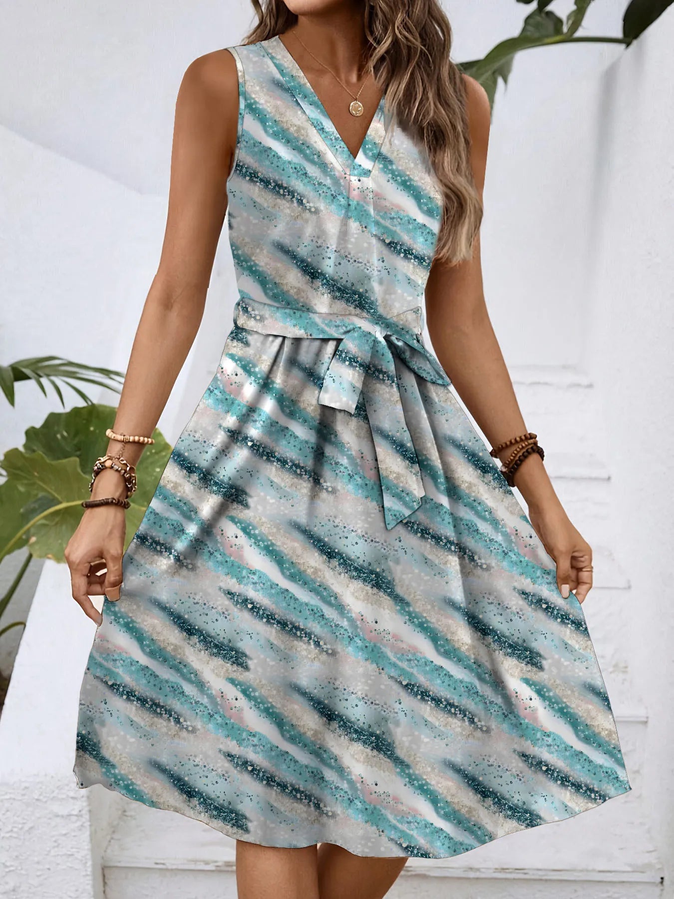 V-Neck Sleeveless Tie Waist Dress