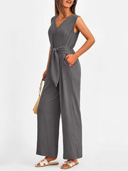 V-Neck Sleeveless Wide-Leg Jumpsuit with Waist Tie